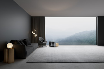 3d illustration. Modern living room with with mountain view - obrazy, fototapety, plakaty
