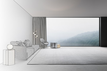 3d illustration. Interior of the living room with view of the misty mountains