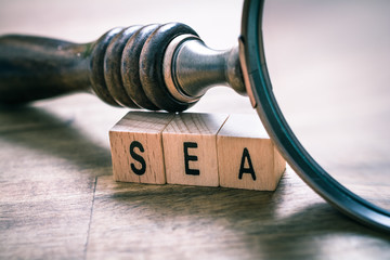 Vintage Magnifying Glass Leaning Over SEA Blocks On An Old Wooden Table - Search Engine Advertising Concept