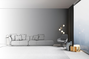 3d illustration. Interior of the living room with view of the misty mountains