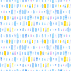 Seamless pattern with abstract geometric figures. Watercolor vertical stripes of different sizes lined up in rows, blue, yellow and violet colors.