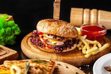 American fast food, burgers, french fries, meat and chicken steaks. Background image. set of several dishes. Copy space