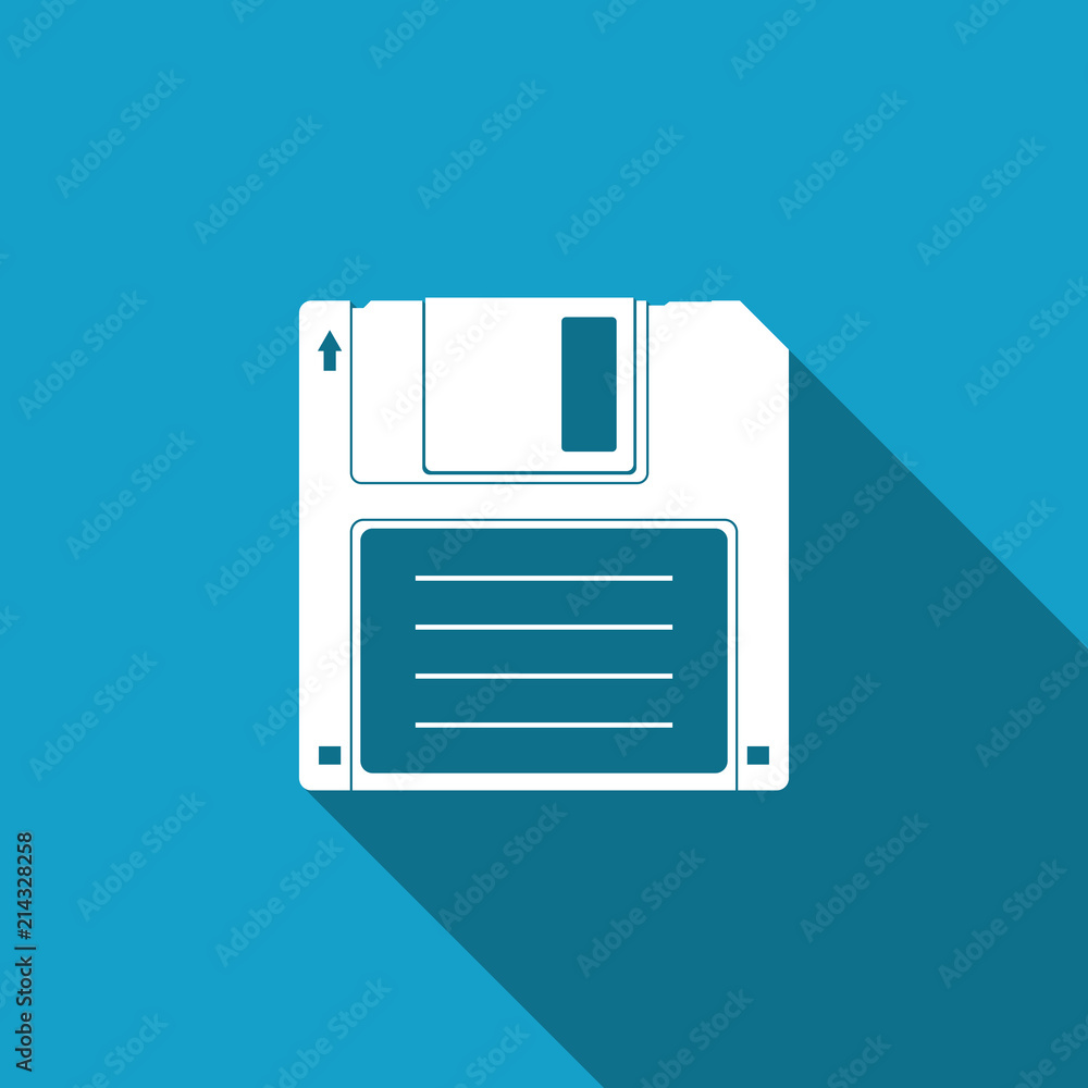 Poster floppy disk for computer data storage icon isolated with long shadow. diskette sign. flat design. ve