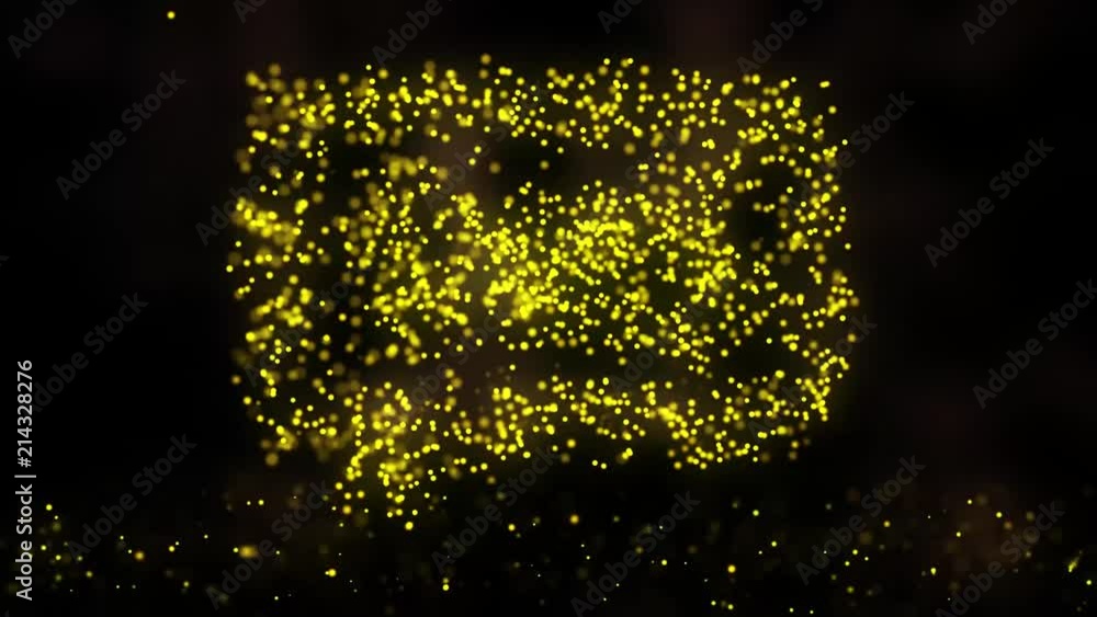 Poster animation of flying flickering particles form a mailing sign or message symbol on dark background wi