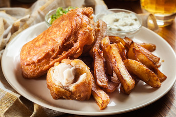 Traditional fish in beer batter and chips