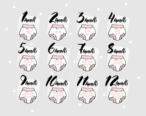 Monthly baby milestone  with  lettering elements. Girls' panties. Vector illustration. Gentle gray and pink colors. Stickers.