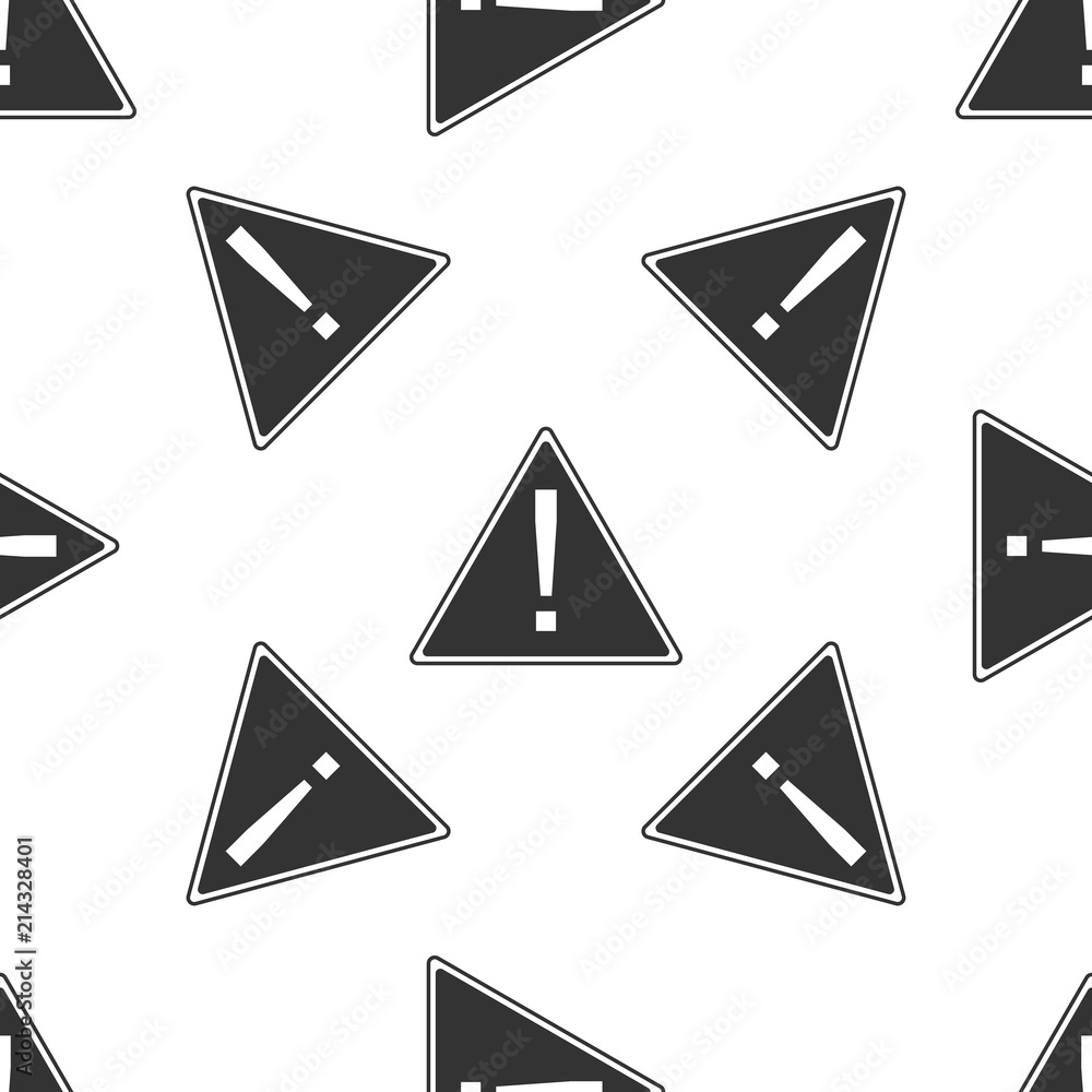 Poster exclamation mark in triangle icon seamless pattern on white background. hazard warning sign, careful