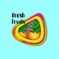 Paper cut layout FRESH FRUITS concept design with realistic PINEAPPLE fruit. Modern Abstract banner