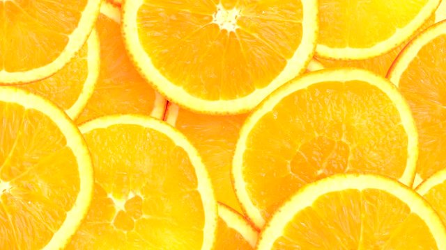 citrus-fruit of orange slices. dolly shot, sliding camera move.