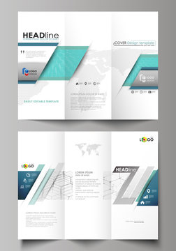 Tri-fold brochure business templates on both sides. Abstract vector layout in flat design. Chemistry pattern, hexagonal molecule structure on blue. Medicine, science and technology concept.