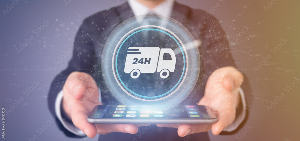 Poster businessman holding a fast delivery button with connection 3d rendering