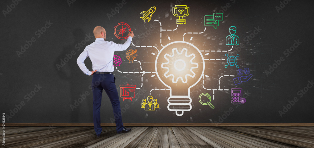 Poster businessman in front of a bulb lamp idea concept with start up icon connected 3d rendering