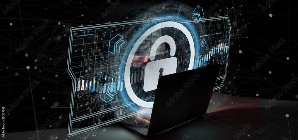 Poster hacker man holding a padlock web security concept 3d rendering