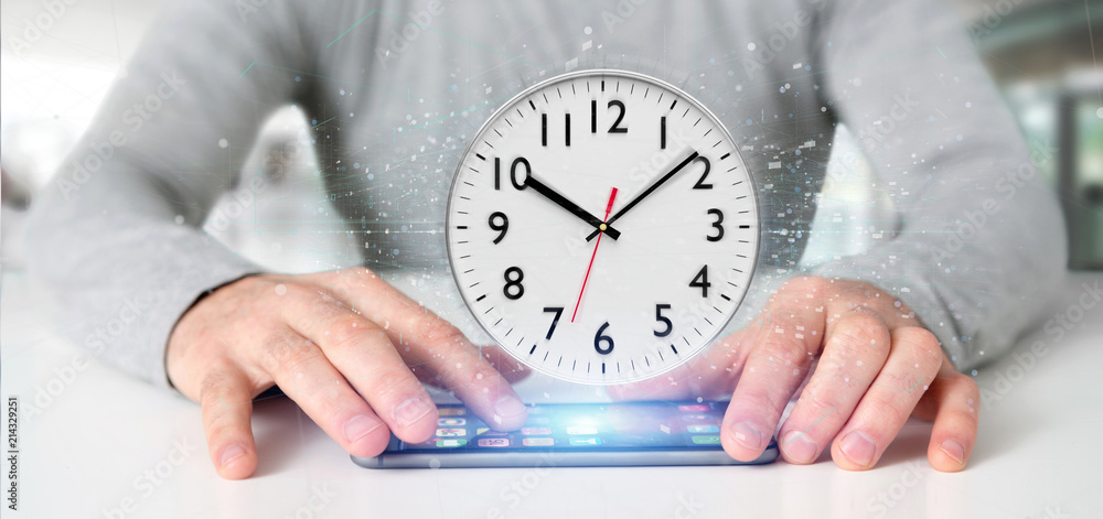 Poster man holding a clock timer 3d rendering