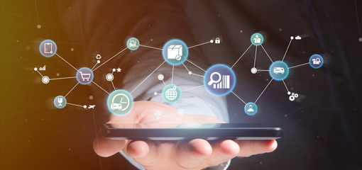 Businessman holding a Logistic organisation with icon and connection 3d rendering