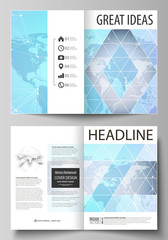 The vector illustration of the editable layout of two A4 format modern cover mockups design templates for brochure, magazine, flyer. Polygonal texture. Global connections, futuristic geometric concept