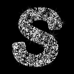 Silver glittering letter S. Vector shining silver sparkling letter on black background.