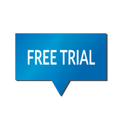 Blue free trial speech bubble on white background