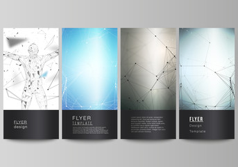 The abstract vector layout of four modern vertical banners, flyers design business templates. Technology, science, medical concept. Molecule structure, connecting lines and dots. Futuristic background