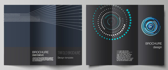 The minimal vector illustration of editable layouts. Modern creative covers design templates for trifold brochure or flyer with simple geometric background made from dots, circles.