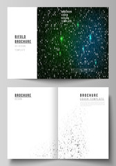 Vector layout of two A4 format modern cover mockups design templates for bifold brochure, flyer, booklet. Binary code background. AI, big data, coding or hacker concept, digital technology background.