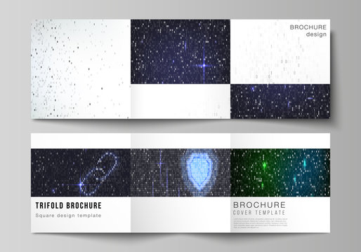The minimal vector layout of two square format covers design templates for trifold square brochure, flyer. Binary code background. AI, big data, coding or hacker concept, digital technology background