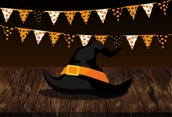 Carnival for the holiday with the flags of Garland and the hat of the witch. Festive drawing. Letters Happy Halloween. Vector on wooden background. The concept of an invitation to a party