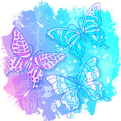 Vector watercolor drawing, abstract colored butterflies on pink and blue background