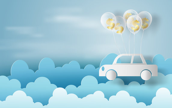 Paper art of balloon with dollar sign money on business and car concept and idea,blue sky,cloud,vector