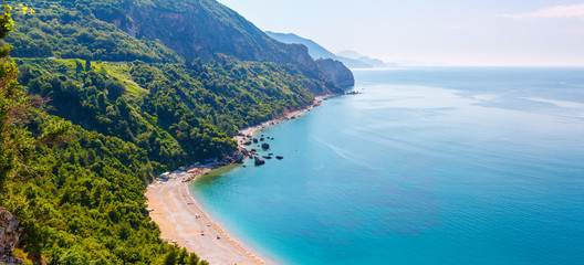 View from above on the Adriatic sea coastline at Montenegro, nature landscape, vacations to the summer paradise, panoramic view