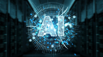 Digital artificial intelligence text hologram 3D rendering