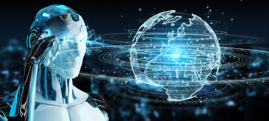 White humanoid using globe network hologram with Europe map 3D rendering
