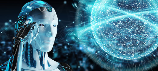 White male humanoid using digital global network 3D rendering