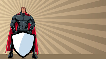 Powerful superhero holding big shield with copy space.