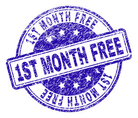 1ST MONTH FREE stamp seal watermark with grunge texture. Designed with rounded rectangles and circles. Blue vector rubber print of 1ST MONTH FREE title with grunge texture.