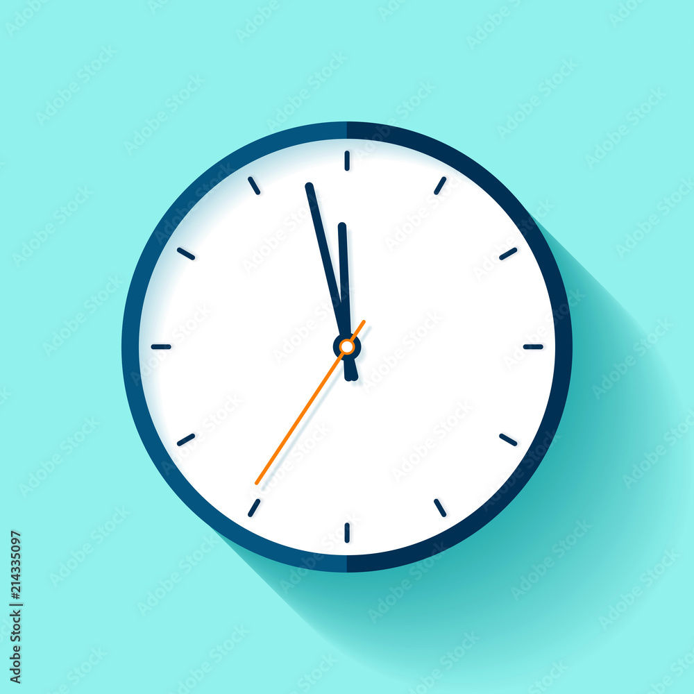 Poster clock icon in flat style, round timer on blue background. nearly twelve. simple watch. vector design