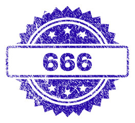 666 stamp imprint with grainy style. Blue vector rubber seal print of 666 text with scratched texture.
