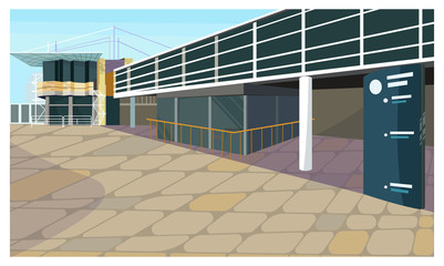 Parking lot for block house vector illustration. Modern parking garage with banner outdoors. City concept