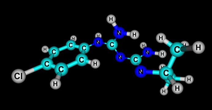 Proguanil molecular structure isolated on black