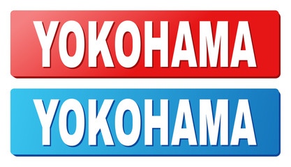 YOKOHAMA text on rounded rectangle buttons. Designed with white caption with shadow and blue and red button colors.