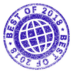 BEST OF 2018 stamp imprint with grunge texture. Blue vector rubber seal imprint of BEST OF 2018 text with grunge texture. Seal has words arranged by circle and planet symbol.