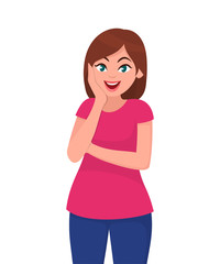 Amazed or surprised pretty young woman facial expression. Vector illustration in cartoon style.