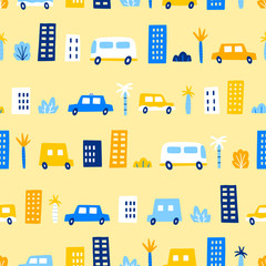 Funny cars in the city. Vector seamless pattern