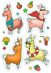 Cute llama set isolated on white background. Cool alpacas for poster, sticker, greeting card or print.