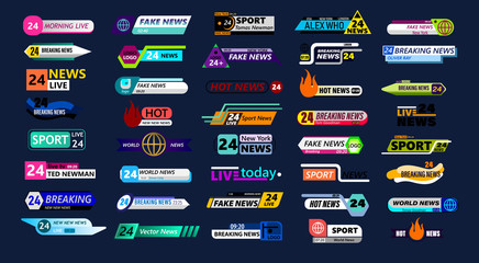 Big set of news bar isolated on blue background. Live, sport, fake, online news etc. Vector illustration
