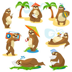 Set of cute cartoon sloth characters isolated on white background. Vector illustration. © Microstocker.Pro