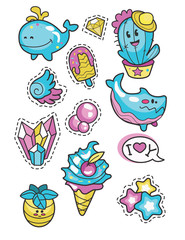 Set of cute summer labels and elements isolated on white background. Ice cream, cacti, shark, whale, pineapple, stars, crystals. Vector illustration.