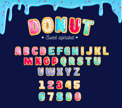 Sweet Donut Type Font With Different Glaze. Colorful Donut Alphabet Card For Party, Poster Or Flyer.