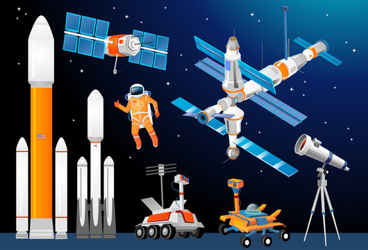 Vector cartoon space exploration set. Space rockets, astronomical telescopes, satellite dish, astronaut, rover, moon-rover, international Space Station. Scientific equipment in space exploration.