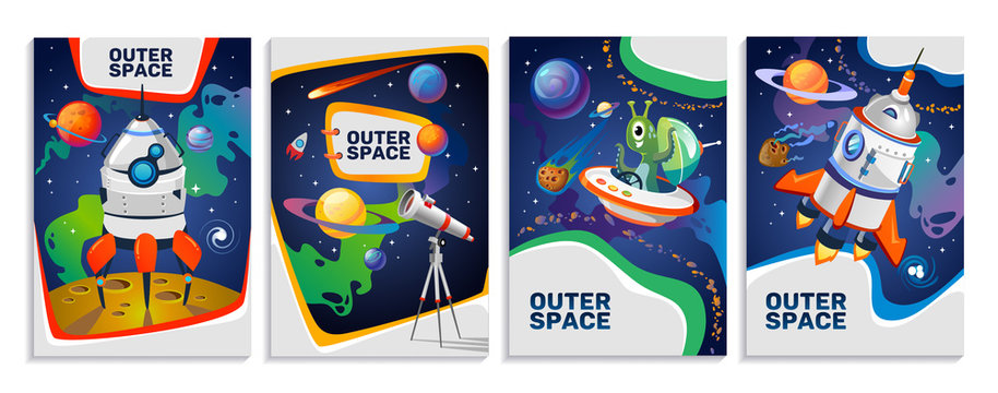 Set of colorful space cards. Vector cartoon posters.